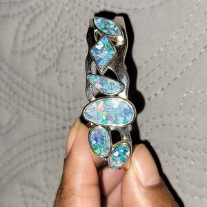 Whitney Kelly Sterling Silver Mosaic Inlay Blue Fire Opal Stone Cuff Bracelet